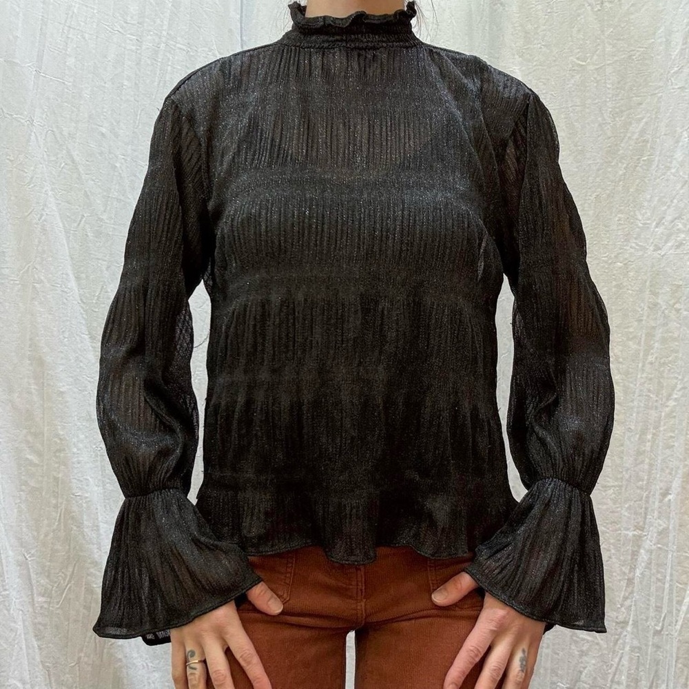 Black Sheer Blouse with Ruffled Bell Sleeves‎ and Ruched Fit Victorian goth